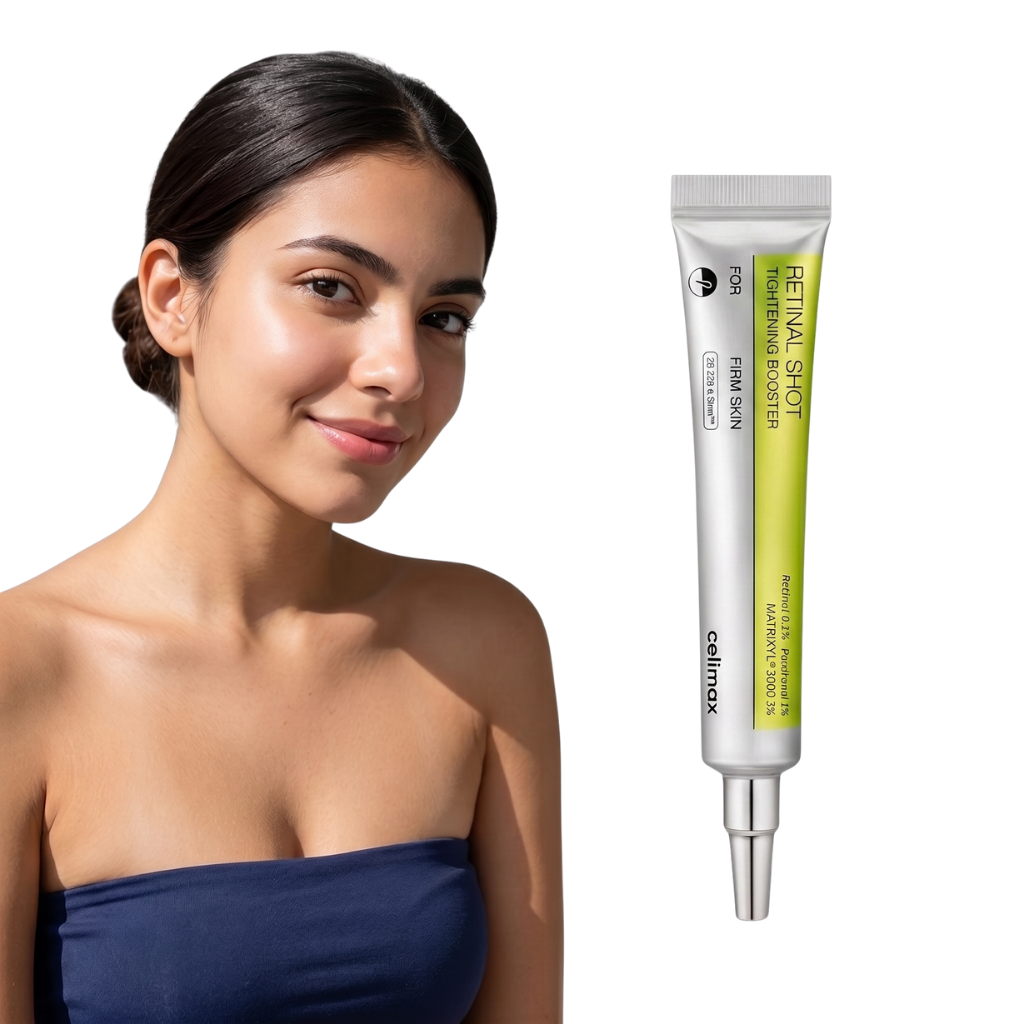 Modelo com o Celimax The Vita-A Retinal Shot Tightening Booster 15ml